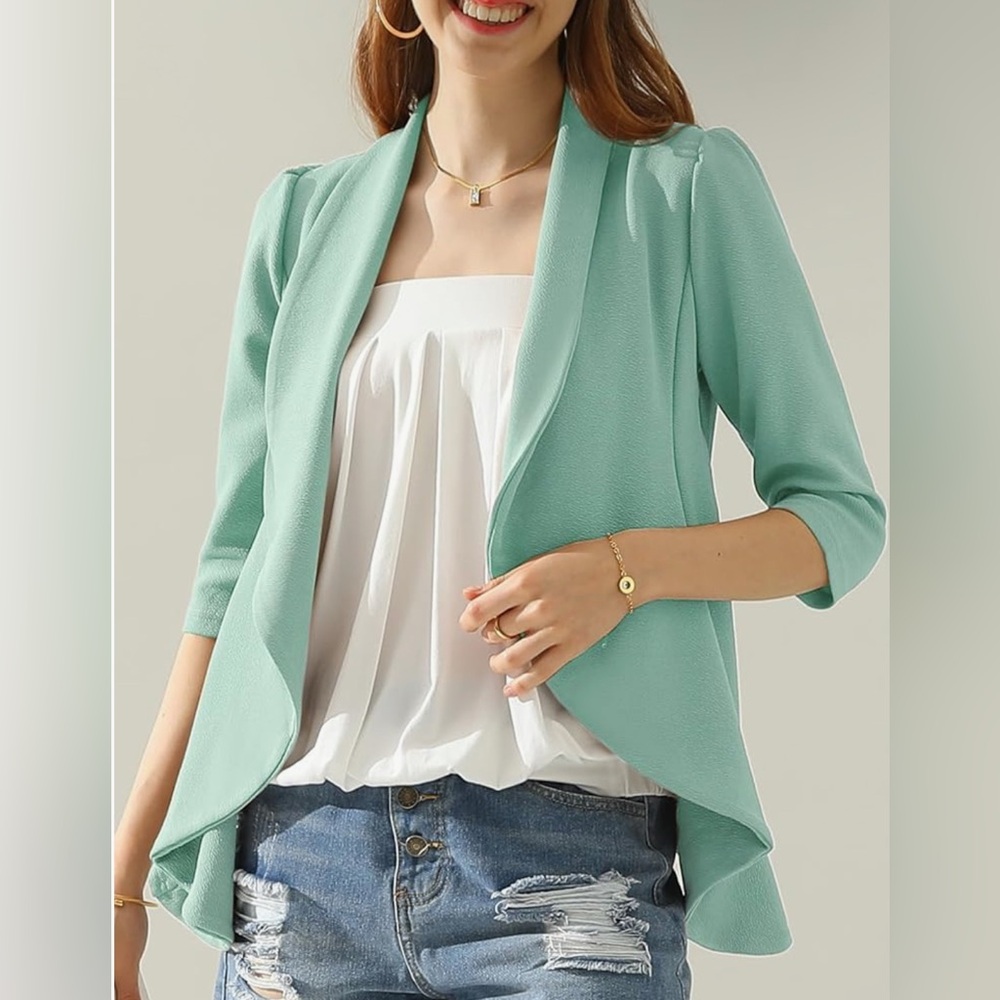DOUBLJU Lightweight Thin 3/4 Sleeve Open Front Blazer Casual Deconstructed